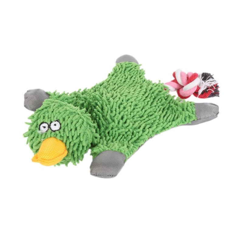 Green plush duck dog toy with rope detail, gray legs and pink flower rope end