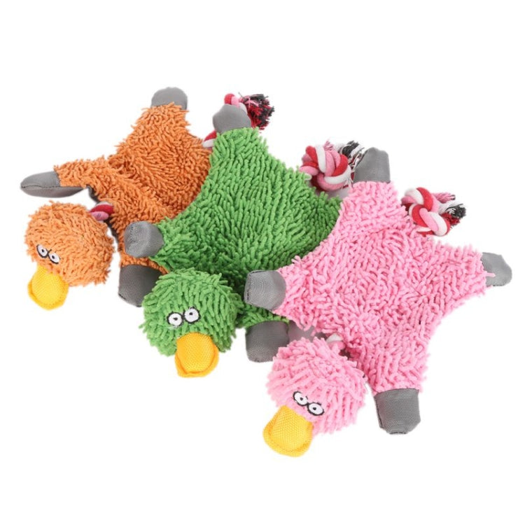 Assorted plush duck dog toys with rope—green, orange, and pink bodies, gray feet