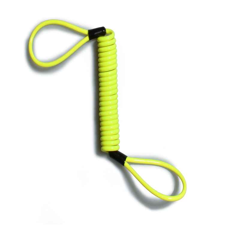 Neon yellow coiled spring cable alarm disc lock with black end connectors and loop grips