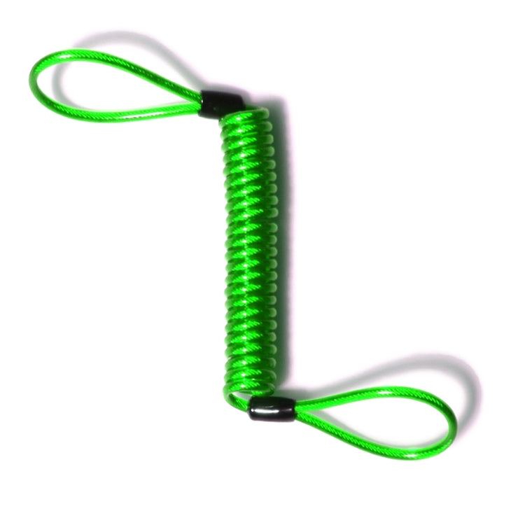 Green coiled spring cable alarm disc lock with black end caps and two loop handles