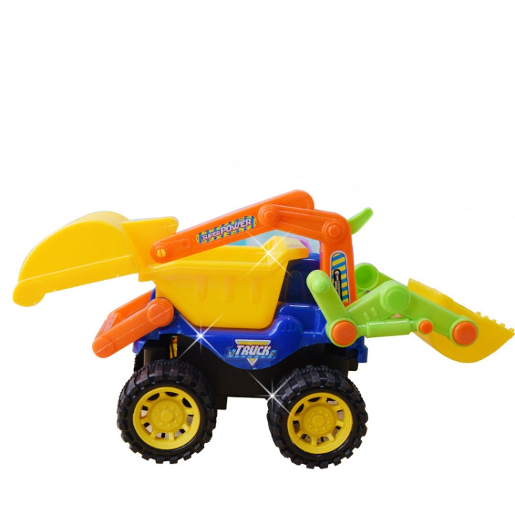 Yellow children's engineering truck toy with green arm and orange bucket blade
