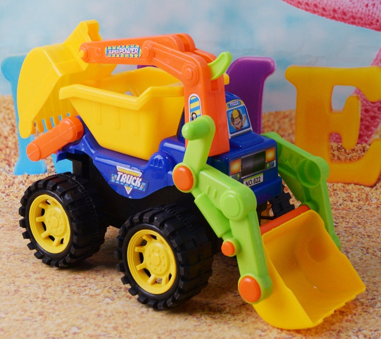Blue and green children's engineering truck toy with yellow scoop and orange arm