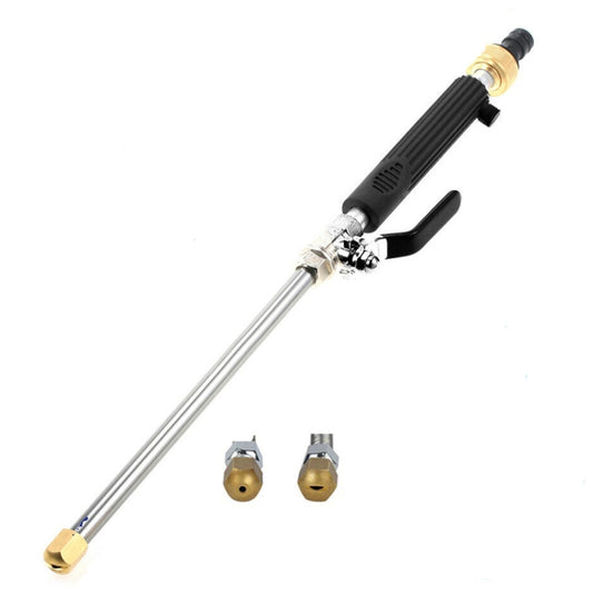 High-pressure spray wand nozzle with black handle and brass fittings, metal extension rod.