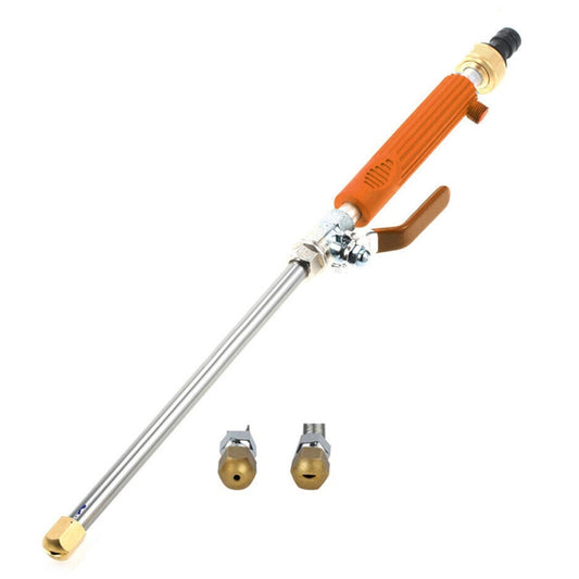 High-pressure spray wand nozzle with orange handle and brass fittings, metal extension rod.