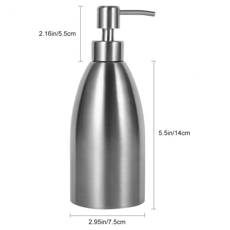 Stainless steel soap dispenser with pump top and smooth rounded bottle body