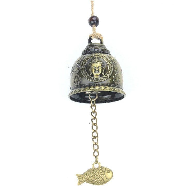 Antique-style hanging Buddha bell with fish charm and chain loop