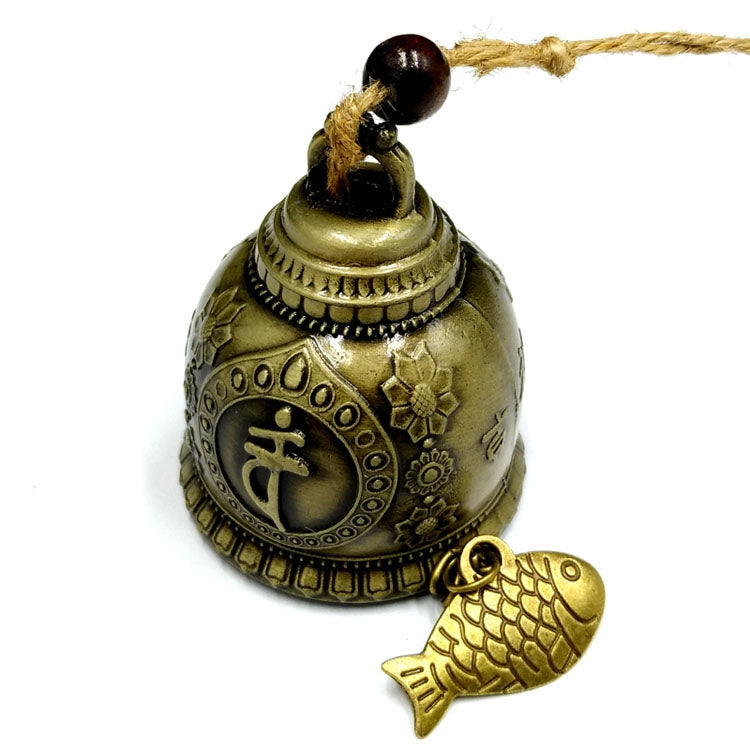 Bronze bell ornament with Buddha symbol and hanging fish charm on chain