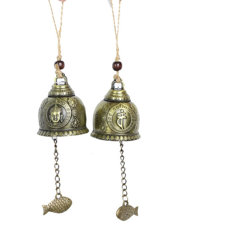 Pair of hanging Buddha bell ornaments with fish charms and chain hooks