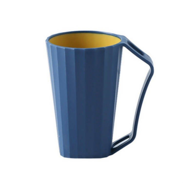 Blue plastic cleaning cup with handle and ribbed sides, yellow interior.