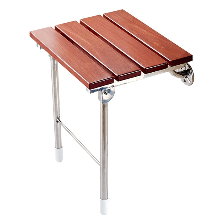 Folding wall-mounted shower chair with solid wood slatted seat and chrome support frame