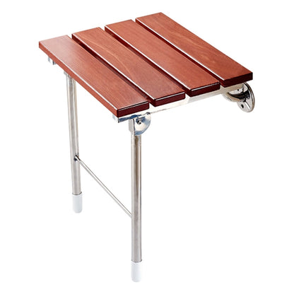 Folding wall-mounted shower chair with solid wood slatted seat and chrome support frame