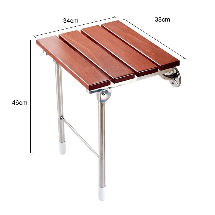 Folding wall-mounted shower chair with reddish-brown wood slatted seat and caster feet