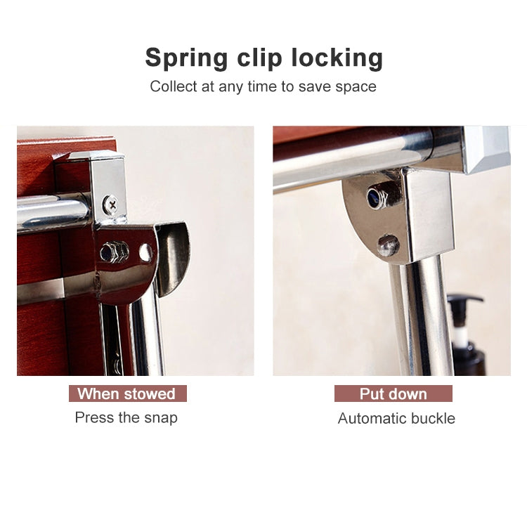 Folding wall-mounted shower chair with spring-clip locking mechanism under wood seat