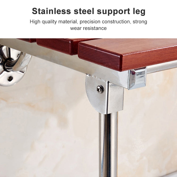 Folding wall-mounted shower chair with stainless support leg and wood slat seat