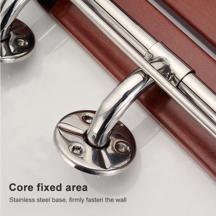 Folding wall-mounted shower chair with chrome rails and caster wheel under wood seat