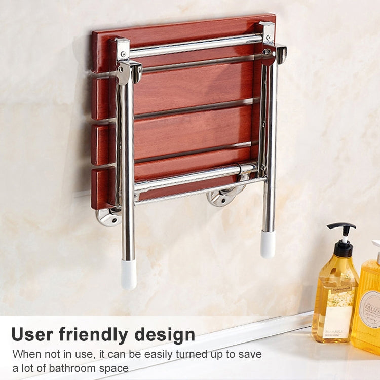 Wall-mounted folding shower chair with wood slat seat and chrome frame