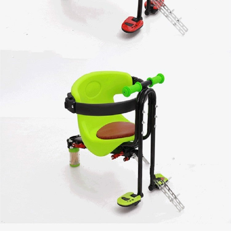 Green front bicycle child seat with black safety surround and footrests
