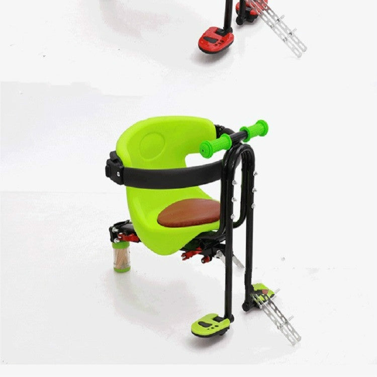 Green bicycle front child seat with mounted frame, black belt bar, and footrests