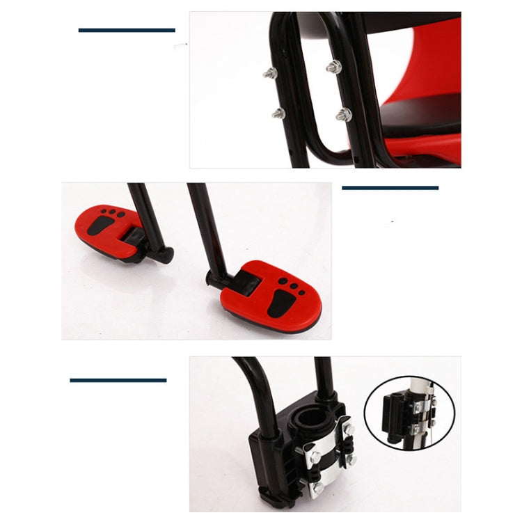 Black bicycle child seat frame with red footrests and close-up mounting detail