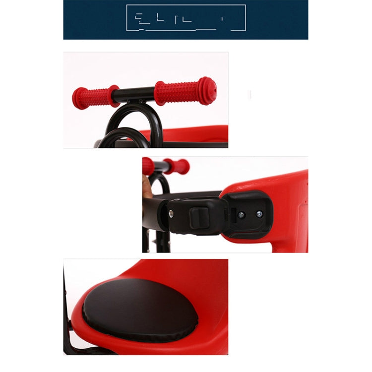 Red bicycle front child seat with black strap, padded cushion, and handle grips