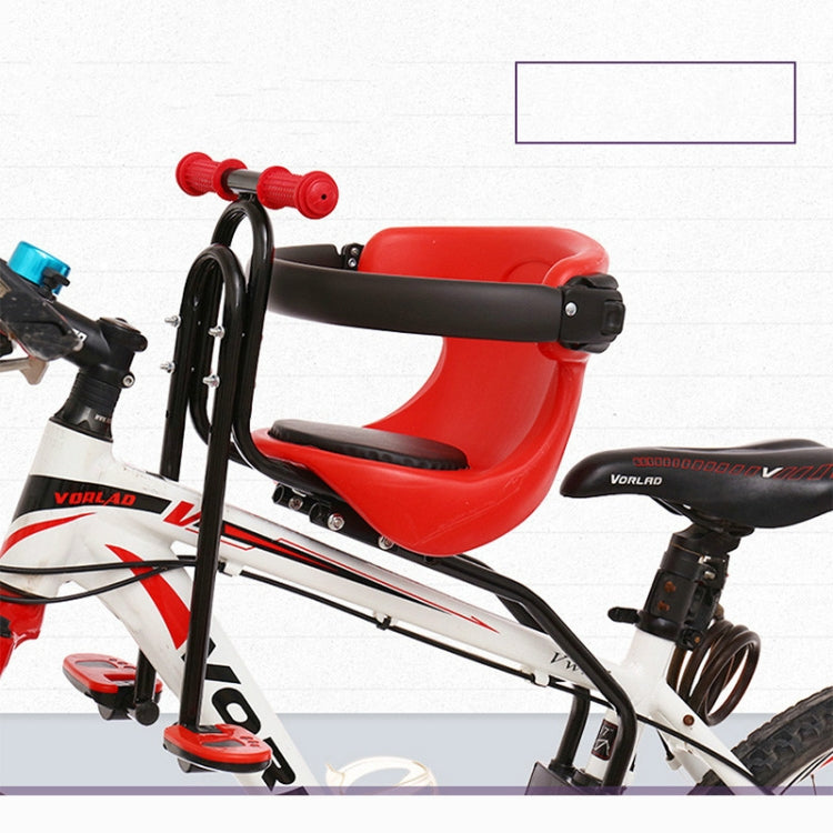 Red front-mounted bicycle child seat with black safety bar and side footrest