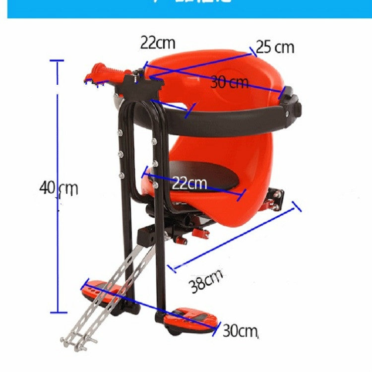 Red front bicycle child seat with blue size measurements and mounting frame