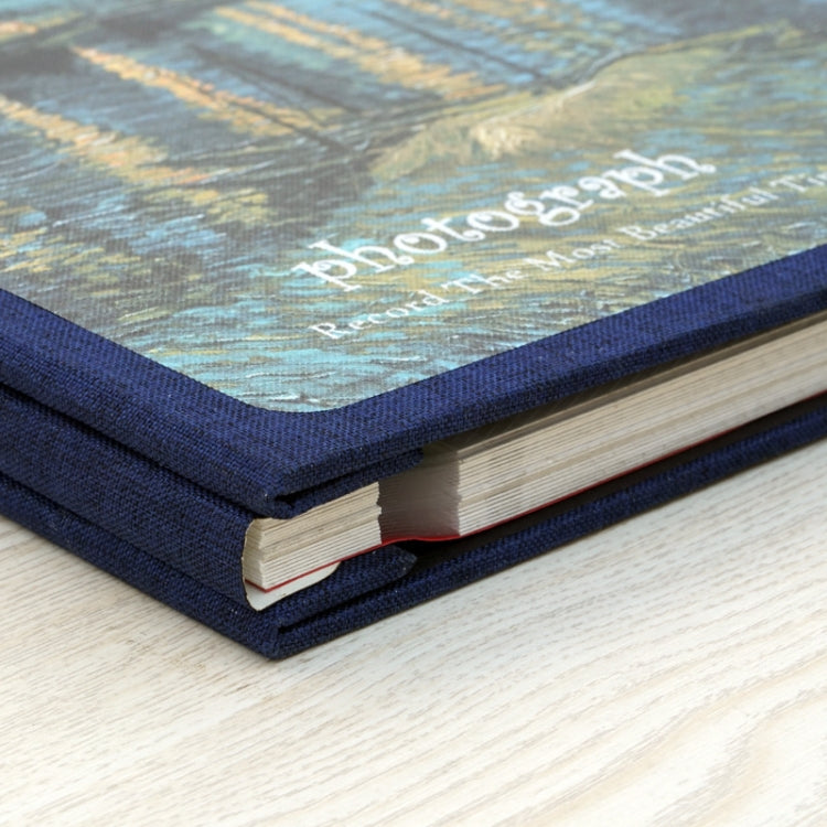 Blue fabric photo album with visible spine and stacked pages, close-up