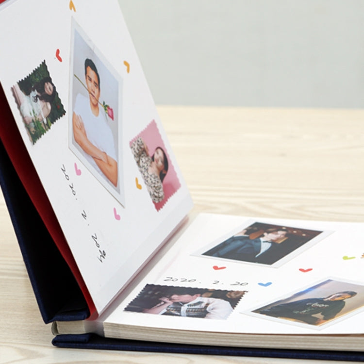 Self-adhesive photo film DIY album, open pages with printed photos and colorful accents