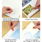 DIY photo album film application steps: hands place a photo onto self-adhesive film