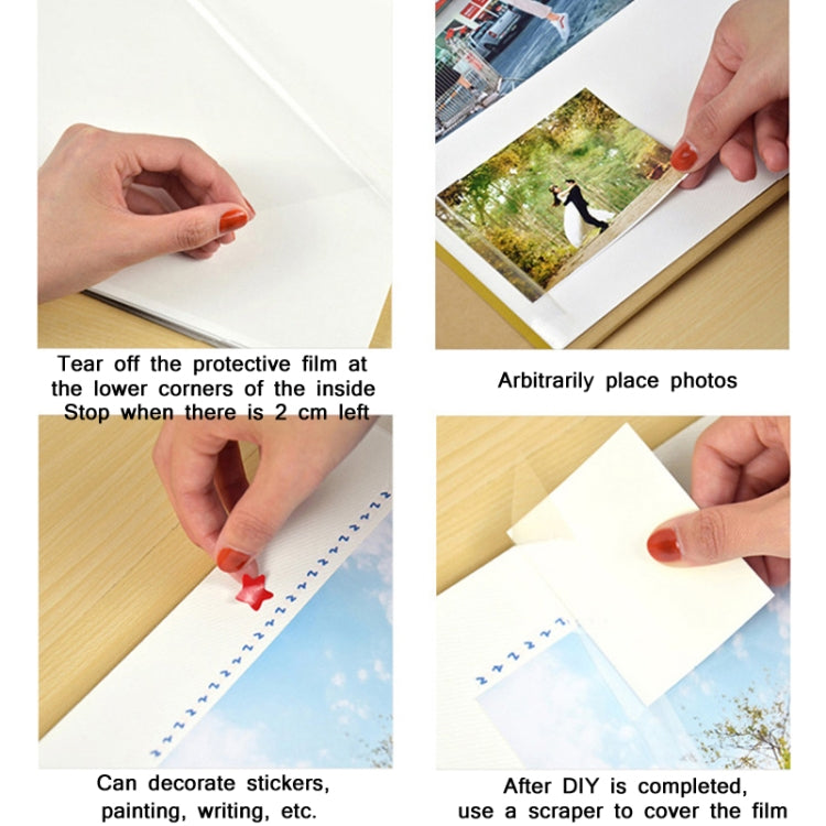 DIY photo album film application steps: hands place a photo onto self-adhesive film