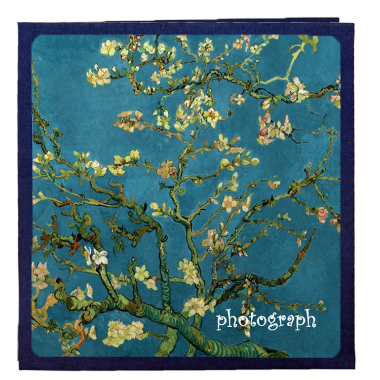 Self-adhesive photo album cover with blooming tree branches painted on blue background
