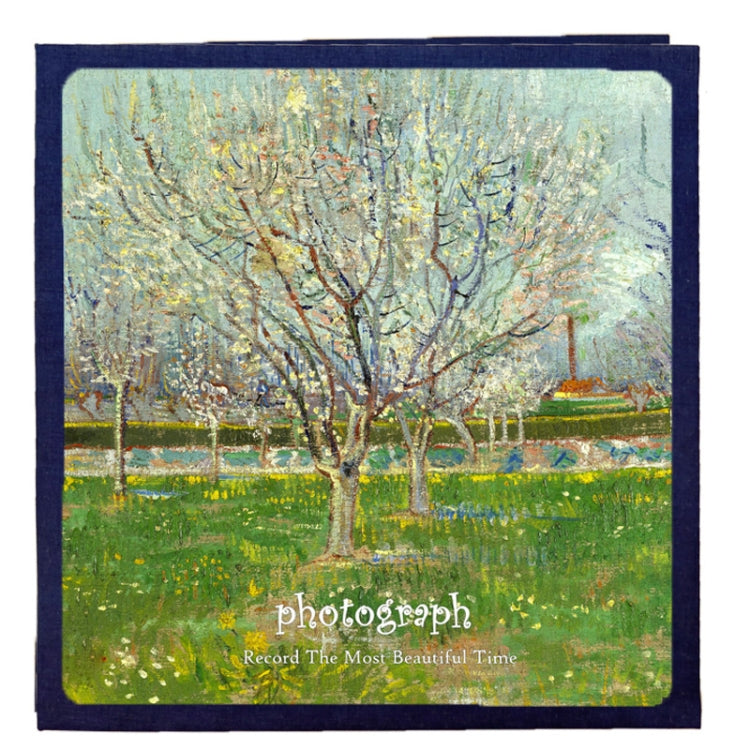Self-adhesive photo album cover with spring orchard tree painting and green field