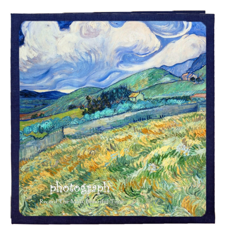 Landscape square photo album cover with green hills, clouds, and sunlit field art