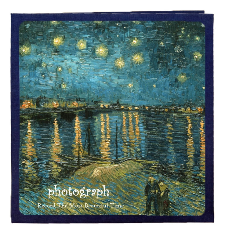 Night harbor square photo album cover with starry reflections and sailboat scene
