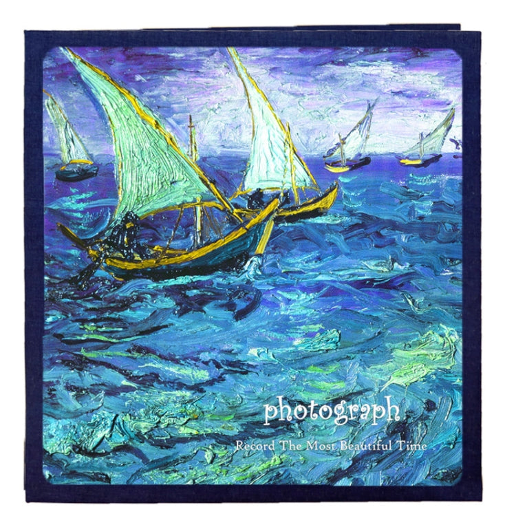 Sailing boats square photo album cover with blue ocean waves and purple sky
