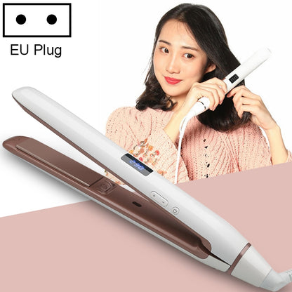 Hair straightener with white body, brown plates, and blue digital display, corded