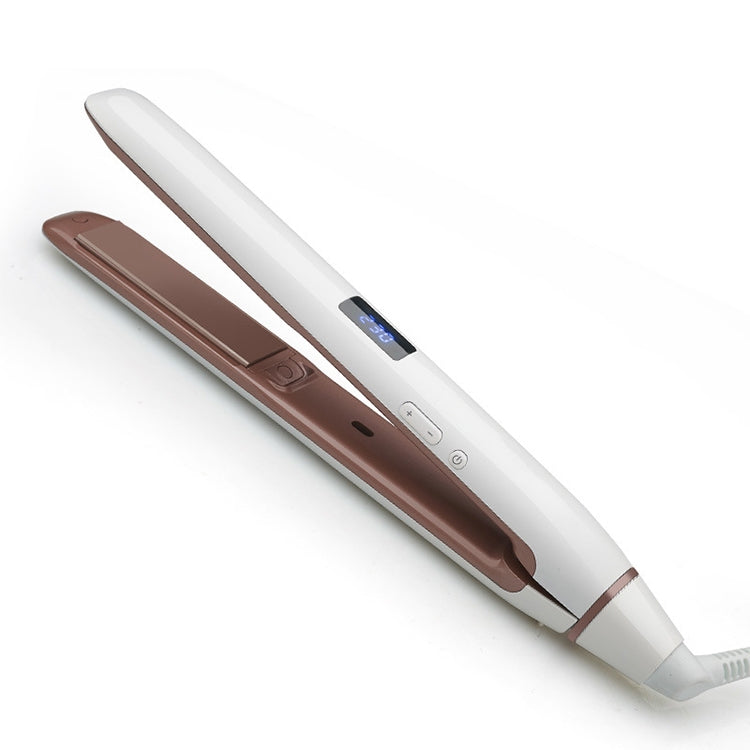 Corded hair straightener with white exterior, brown plates, and blue lit control screen