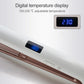 Hair straightener with blue digital temperature display window on white body