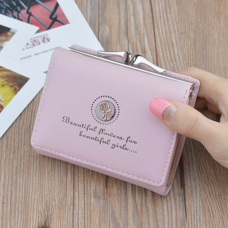 Pink small folding coin purse wallet with floral logo center and metal frame clasp