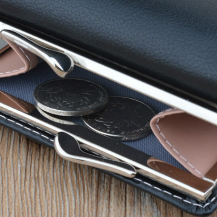 Black folding coin purse wallet with coins visible inside and metal clasp hardware