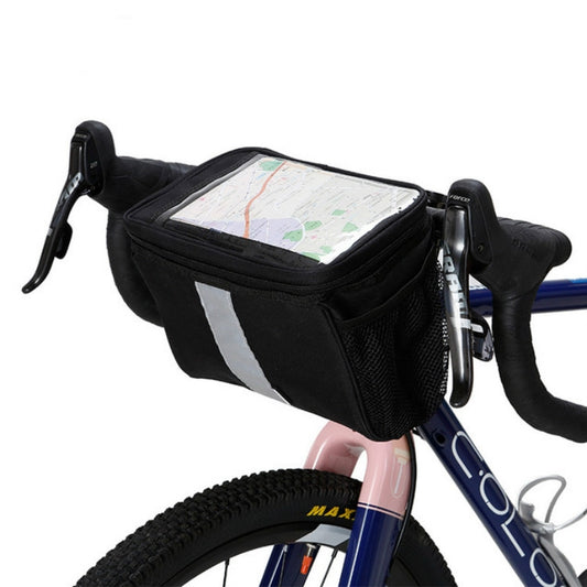 Black bicycle handlebar head bag with clear top window for map storage