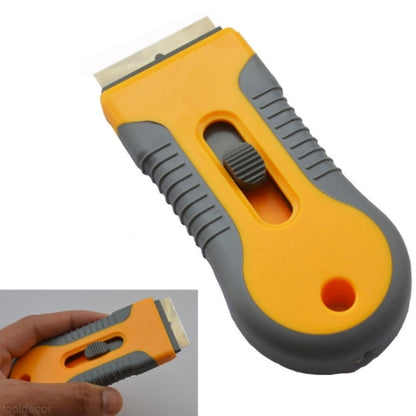 Plastic-handled razor blade scraper with yellow handle and gray grip