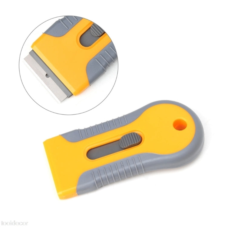 Plastic-handled razor blade scraper, yellow body with gray textured grip