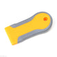 Plastic-handled razor blade scraper with yellow blade head and gray handle
