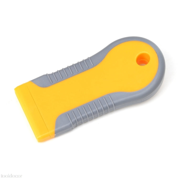 Plastic-handled razor blade scraper with yellow blade head and gray handle