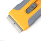 Plastic-handled razor blade scraper, close-up of exposed metal blade