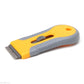 Plastic-handled razor blade scraper with angled blade edge on yellow body