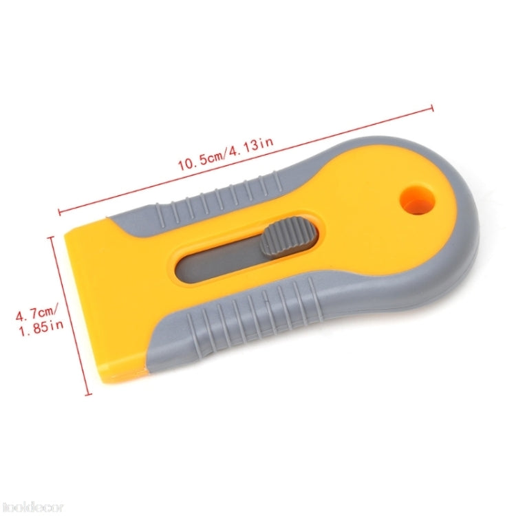 Plastic-handled razor blade scraper with size markings and yellow-gray design