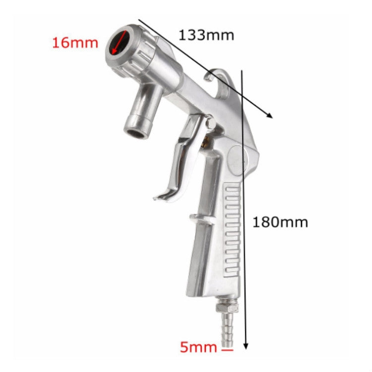 Pneumatic sandblasting gun with silver body and trigger handle, air nozzle at top