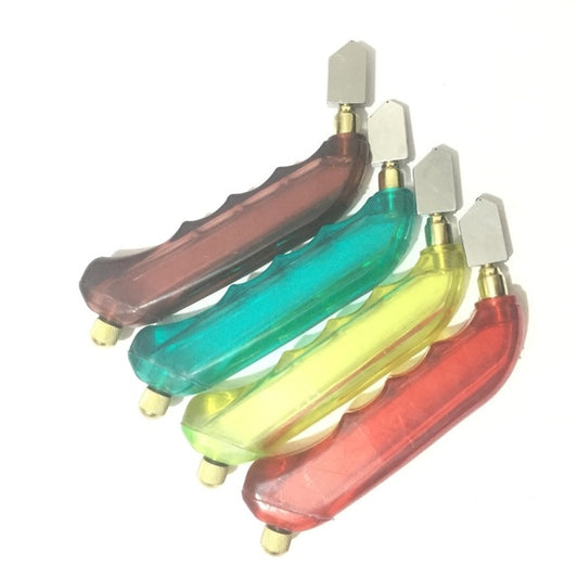 Glass bottle cutting machine tools with clear blade heads and colored handles in teal, amber